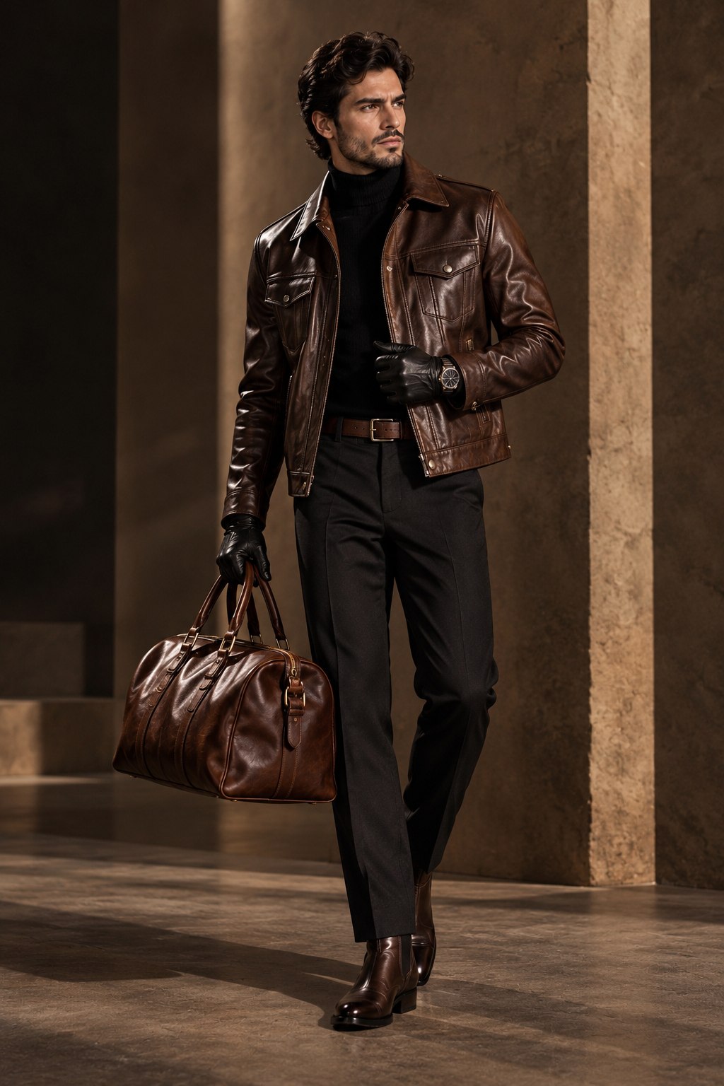 Leather accessories fashion model with jacket, belt, gloves and bag